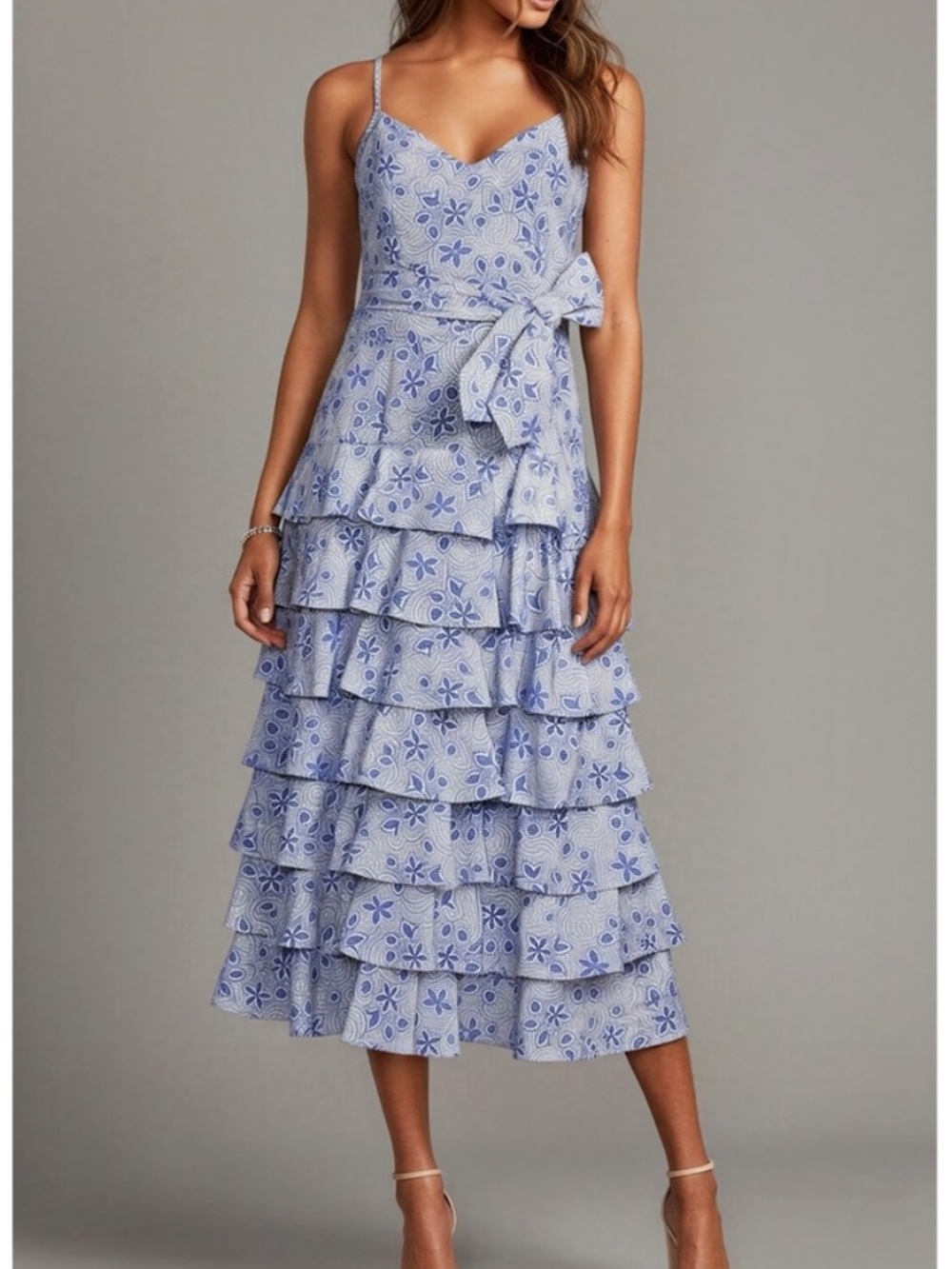 Likely Arielle blue floral tiered midi ruffle dress size 4